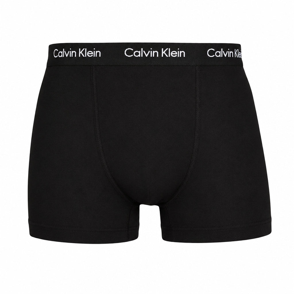 Calvin Klein black boxer briefs with a white branded waistband, shown on a clean white background with a soft shadow underneath.