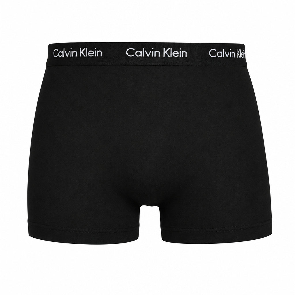 Black Calvin Klein boxer briefs with a black elastic waistband featuring the white 'Calvin Klein' logo text.