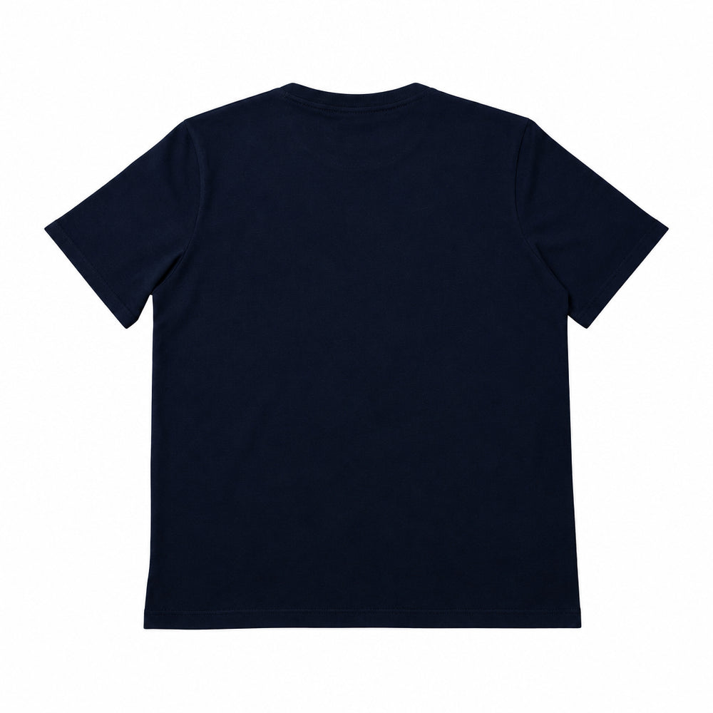 A plain navy blue short-sleeve t-shirt shown from the back, laid flat against a solid white background.