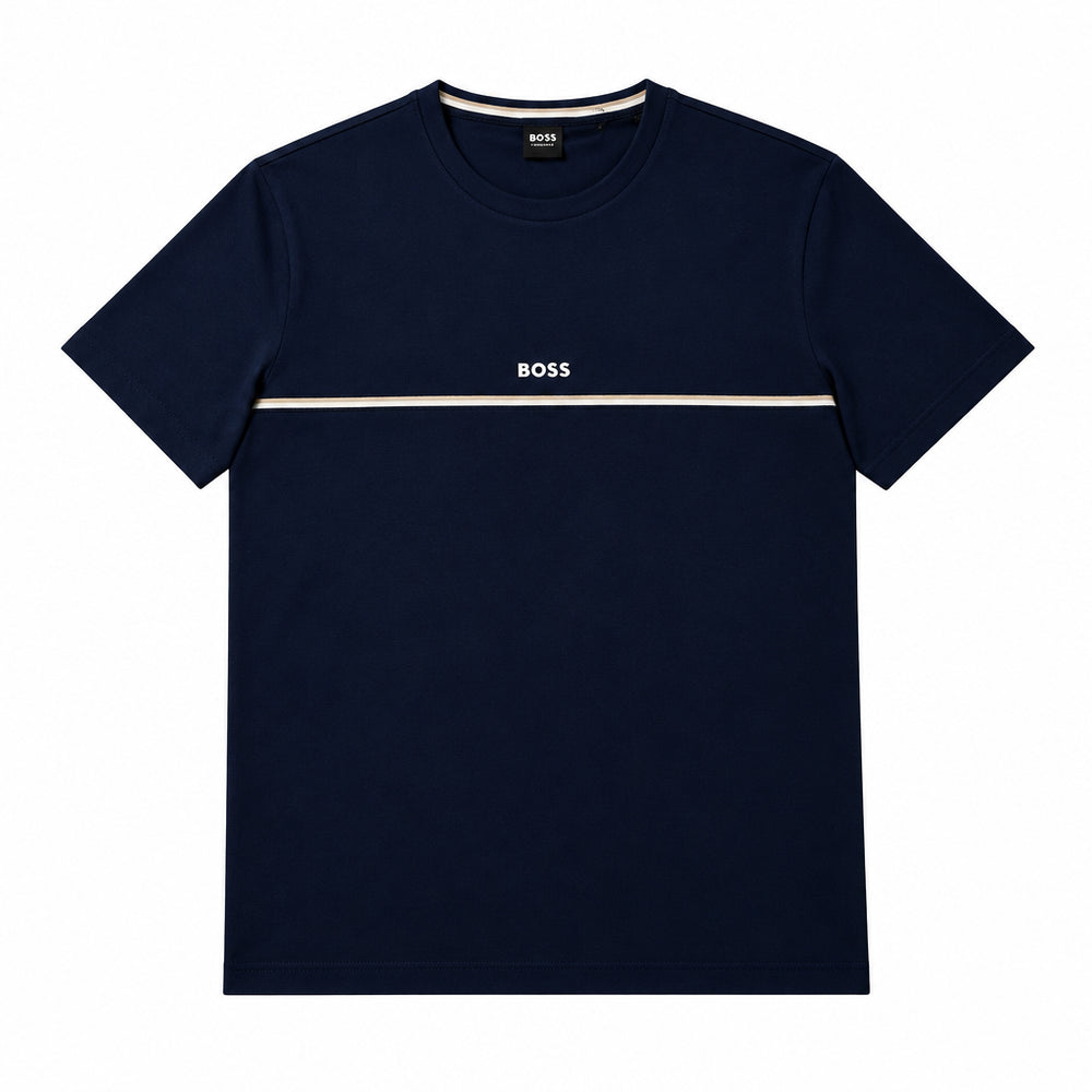 A navy blue short-sleeve crewneck t-shirt by BOSS, featuring a thin beige horizontal stripe across the chest with the white BOSS logo in the center.