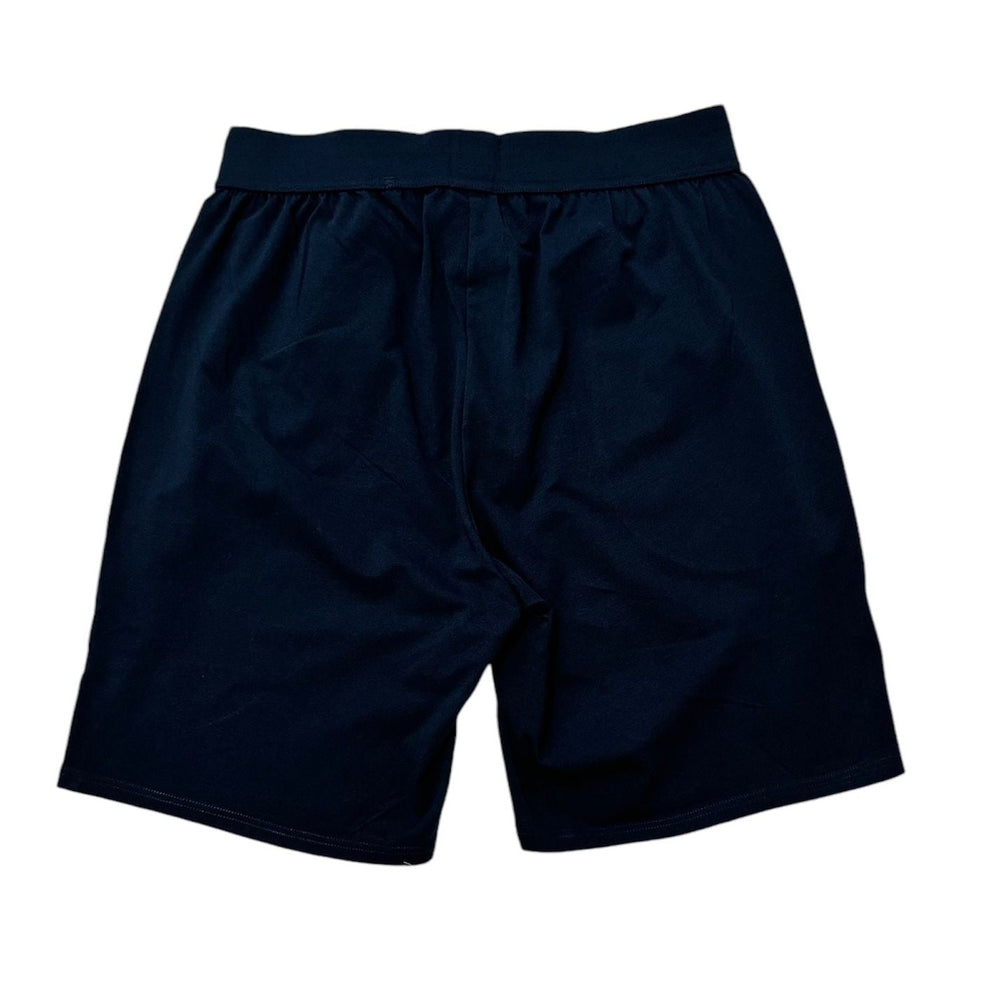 A pair of dark navy blue athletic shorts with an elastic waistband, shown flat against a plain white background.