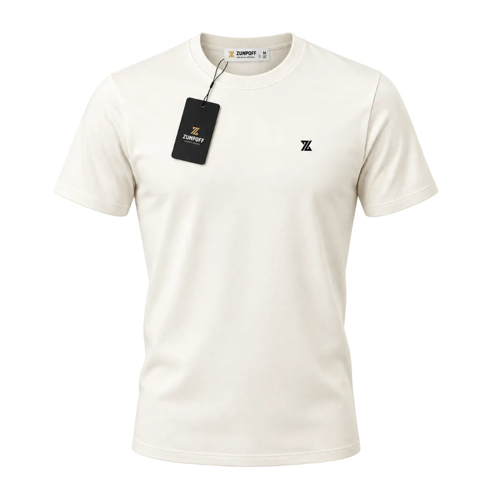 An off-white short-sleeve crewneck t-shirt with a small black embroidered logo on the left chest, featuring a black hangtag with gold lettering, displayed on a clean white background.