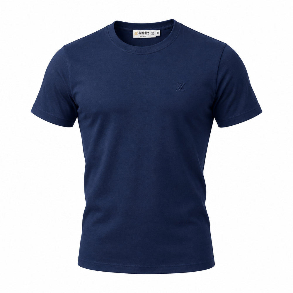 A navy blue short-sleeve crewneck t-shirt by ZUNDOOZ London, shown flat against a light gray background with its black hangtag attached.
