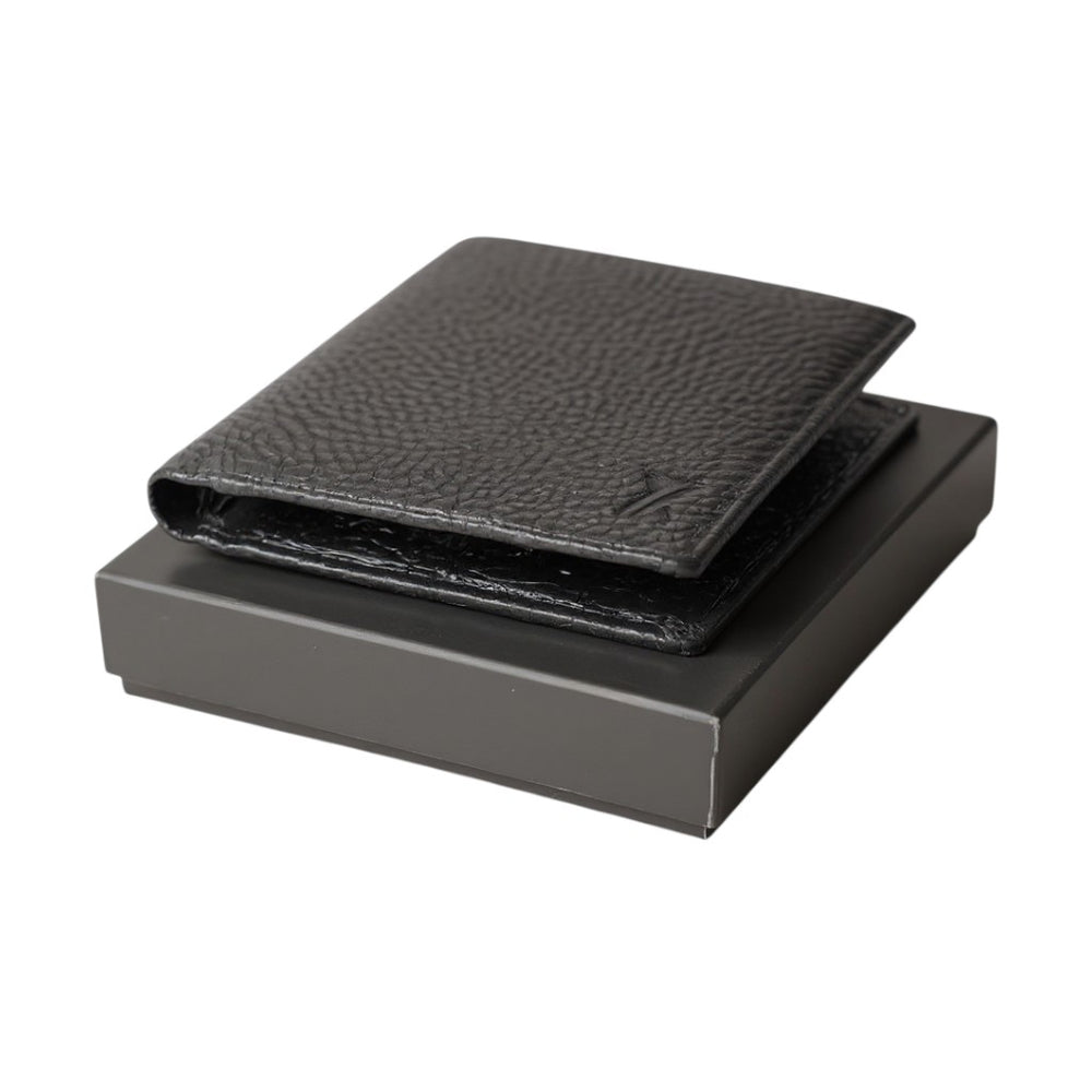 Black leather wallet on a matching black box against a white background