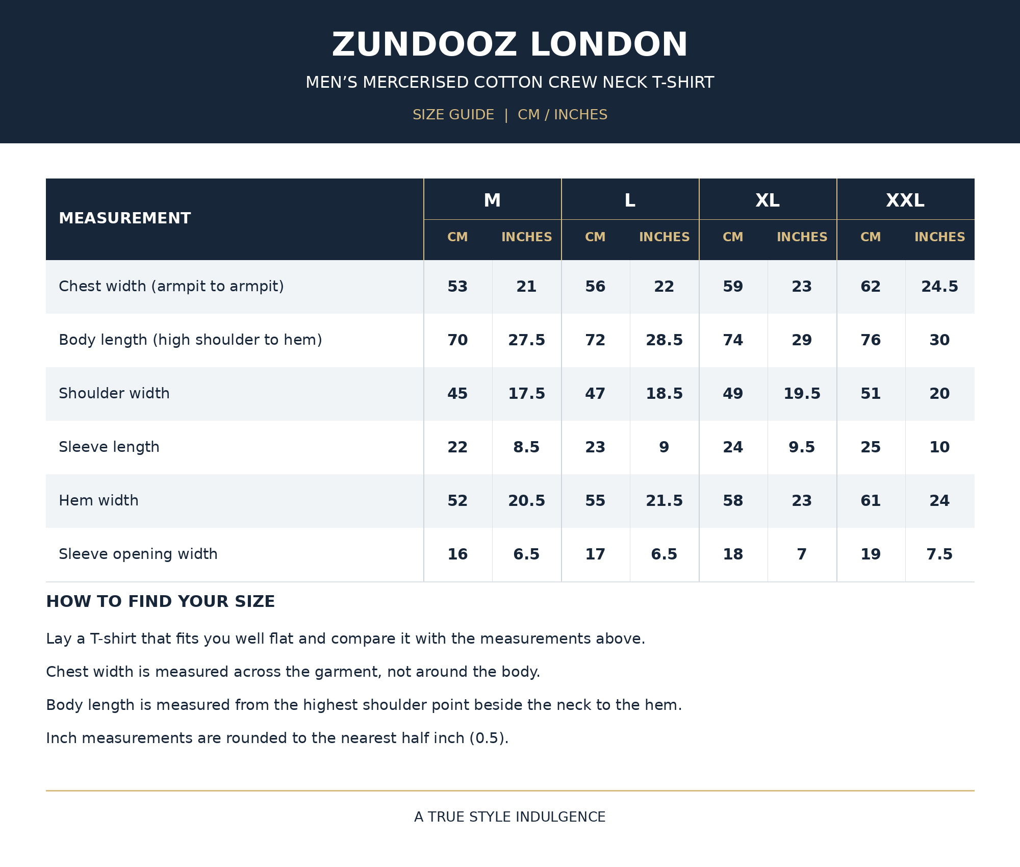 ZUNDOOZ London men's crew neck T-shirt size chart for M, L, XL and XXL with measurements in centimetres and inches.