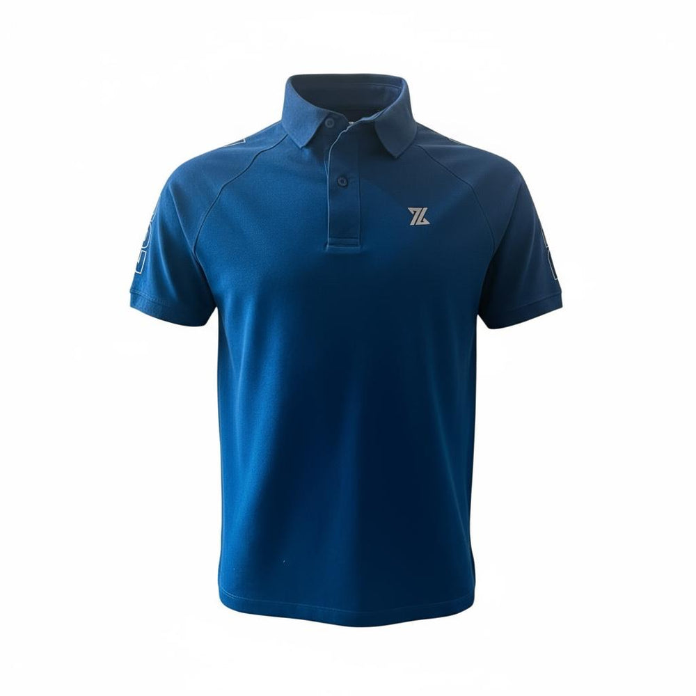 Blue polo shirt with a logo on a white background