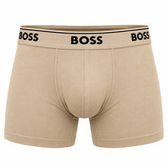 Beige BOSS men's boxer briefs with a black BOSS logo printed on the elastic waistband, shown against a plain white background.