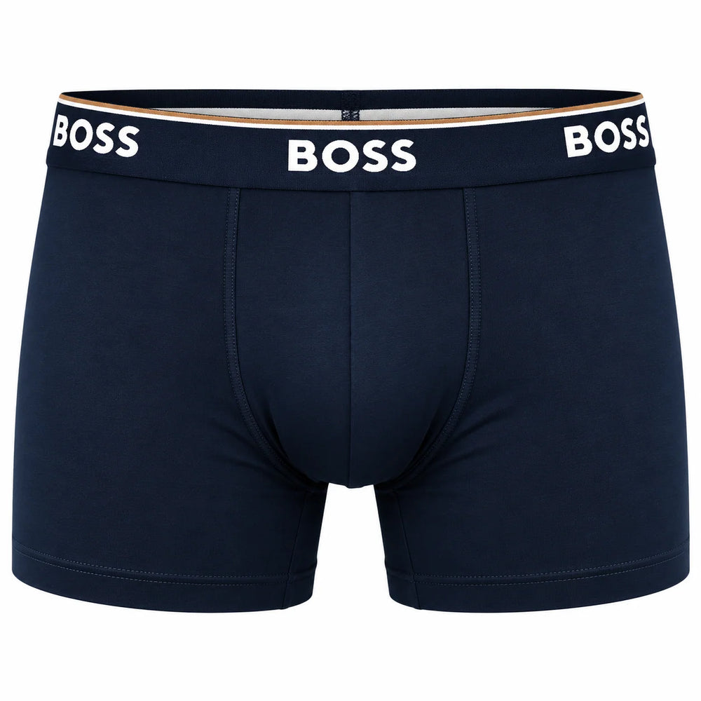 BOSS men's boxer briefs in dark navy blue, featuring a wide elastic waistband with the brand name 'BOSS' printed in white across the front.