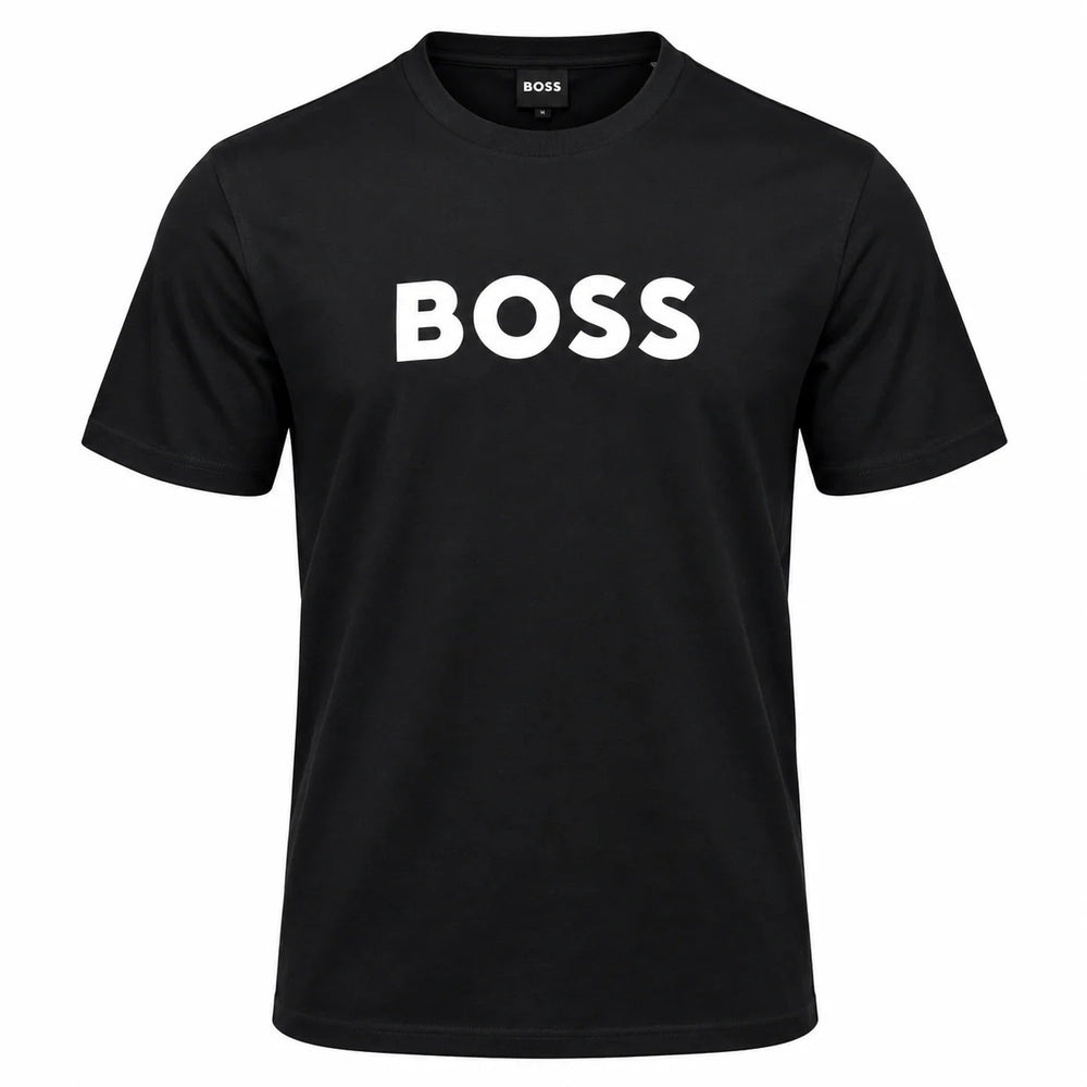 BOSS black crew-neck short-sleeve T-shirt with a white chest logo, front view.