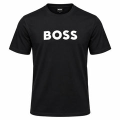 BOSS black crew-neck short-sleeve T-shirt with a white chest logo, front view.