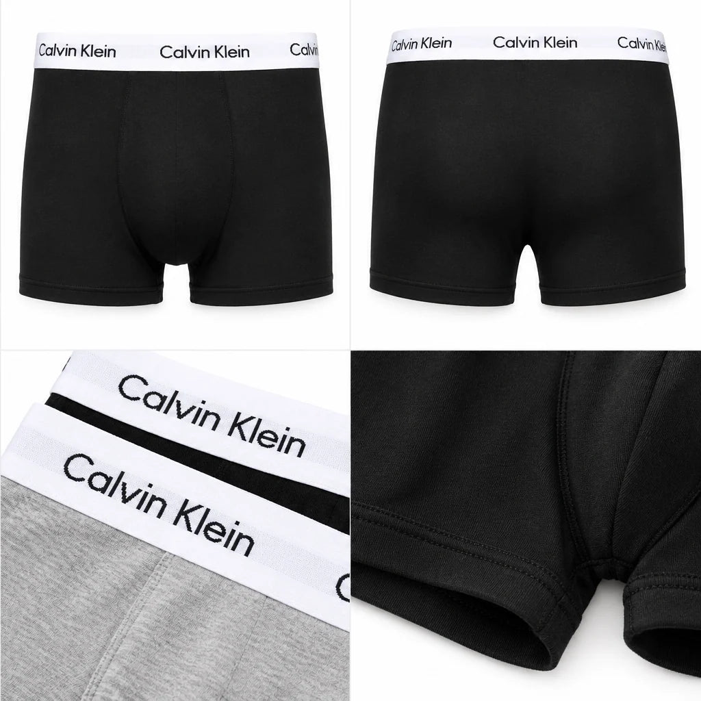 Six-panel collage showing Calvin Klein men's boxer briefs in black and light gray, including front views, side views, and close-ups of the branded waistband.