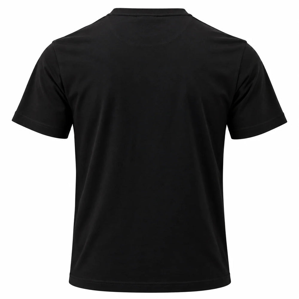 A black short-sleeve crewneck t-shirt shown from the back, photographed on a clean white background.