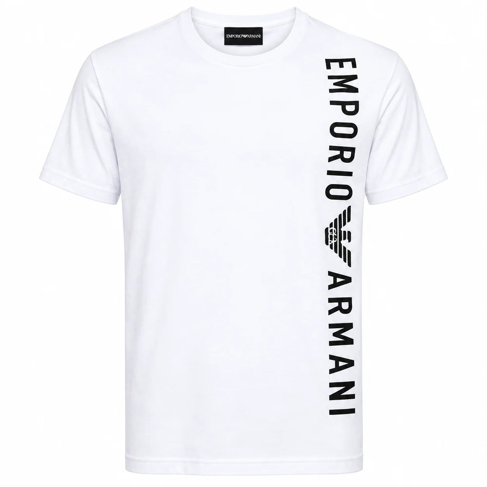 White short-sleeve crewneck t-shirt with a vertical black 'EMPORIO ARMANI' text and eagle logo printed on the right side of the chest, shown on a plain white background.
