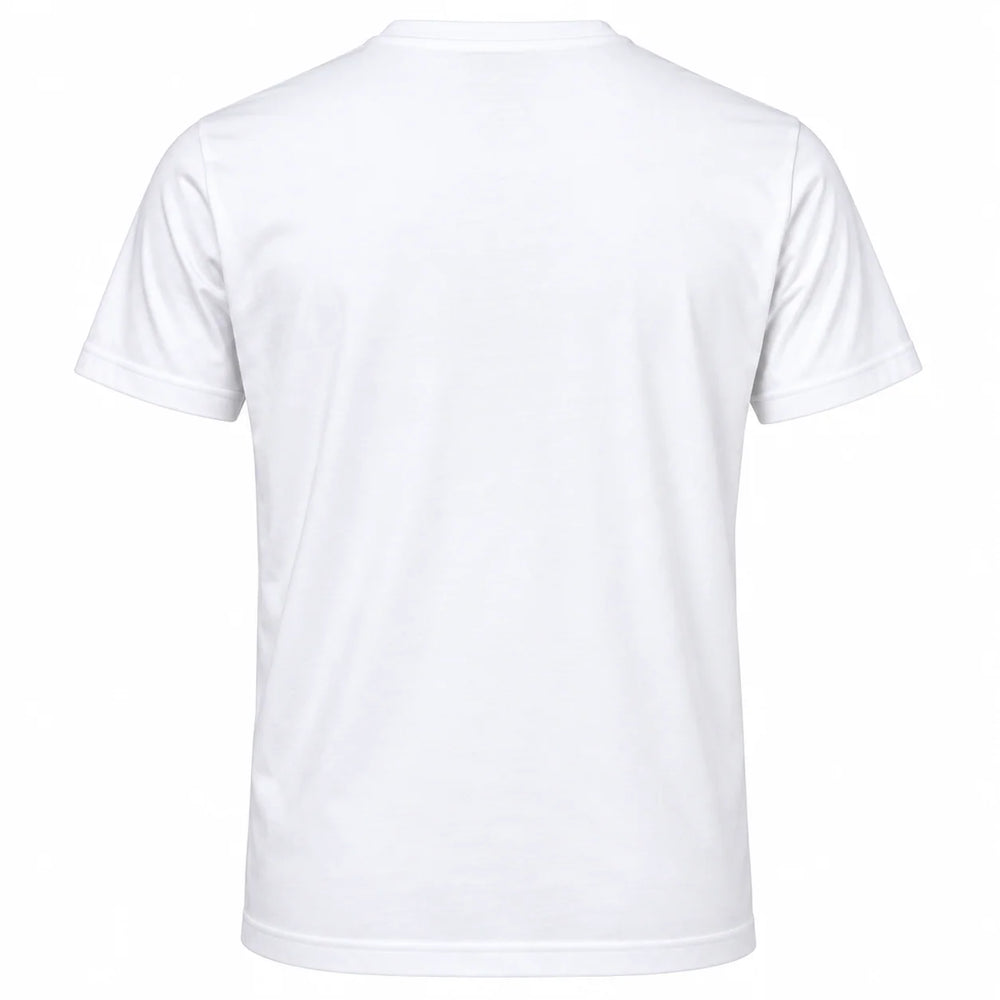 A plain white short-sleeve crewneck t-shirt shown from the back, photographed against a seamless white background.
