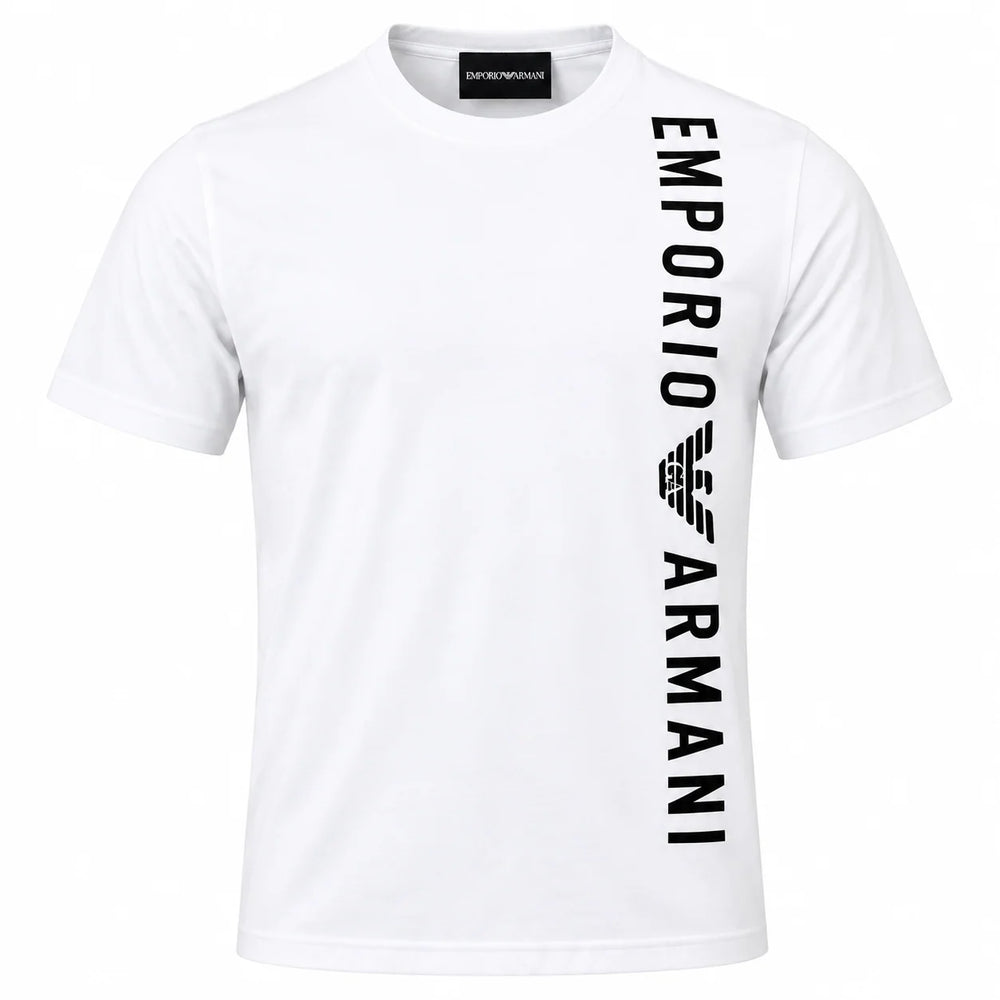 White short-sleeve crewneck t-shirt with a vertical black 'EMPORIO ARMANI' logo and eagle emblem printed on the right side of the chest, shown on a plain white background.