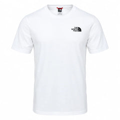 A white short-sleeve crewneck t-shirt by The North Face, featuring the brand's black logo printed on the left chest, displayed on a clean white background.