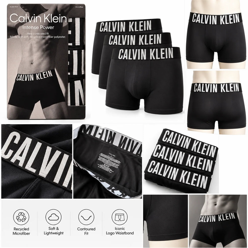 Calvin Klein men's boxer briefs shown in a collage layout, including folded black briefs with white logo waistbands, close-up fabric details, packaging, and cropped male model views.