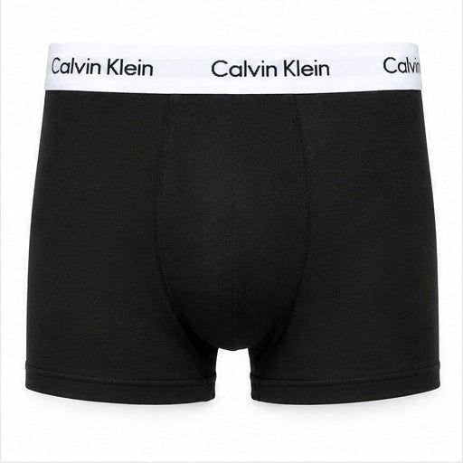 Calvin Klein black boxer briefs with a white elastic waistband featuring the brand name printed in black.