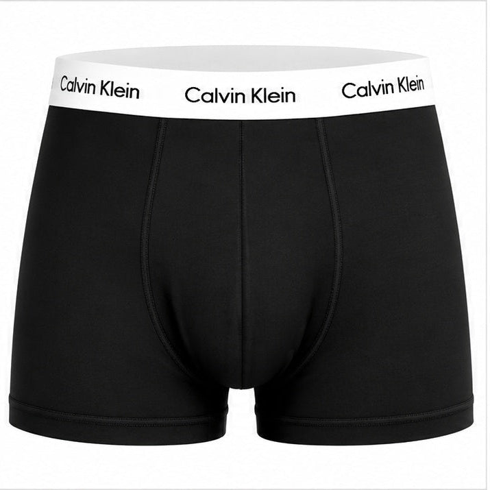 Calvin Klein black boxer briefs with a white waistband featuring the black Calvin Klein logo printed repeatedly.