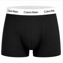 Calvin Klein black boxer briefs with a white waistband featuring the black Calvin Klein logo printed repeatedly.