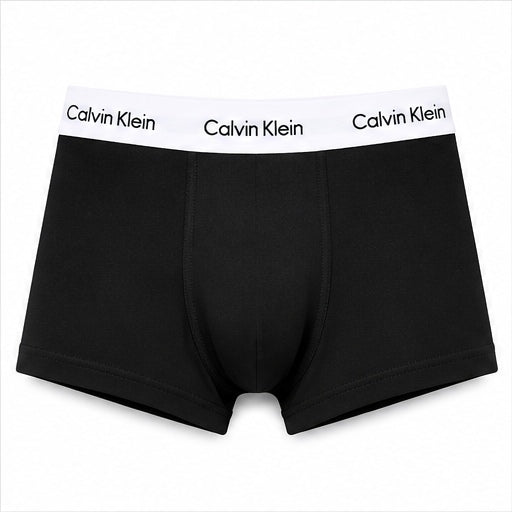 Calvin Klein black boxer briefs with a white waistband featuring the brand name printed in black.