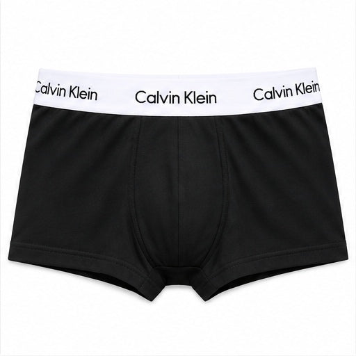 Calvin Klein black boxer briefs with a white waistband featuring the black Calvin Klein logo.
