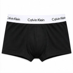 Calvin Klein black boxer briefs with a white waistband featuring the black Calvin Klein logo.