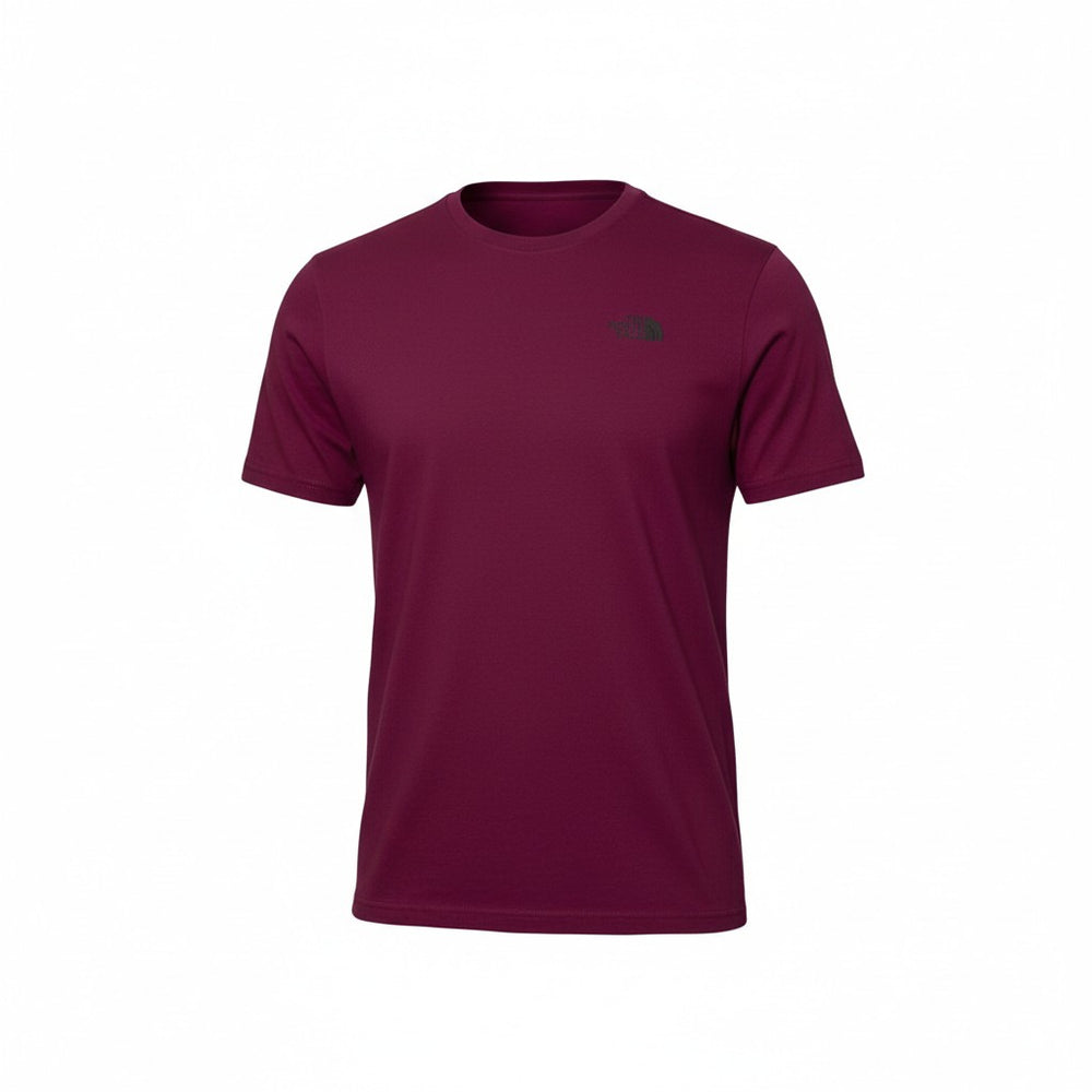Maroon t-shirt with a small logo on a white background