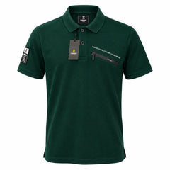 ZUNDOOZ London dark green short-sleeve polo shirt with a zipped chest pocket, front view on a white background.